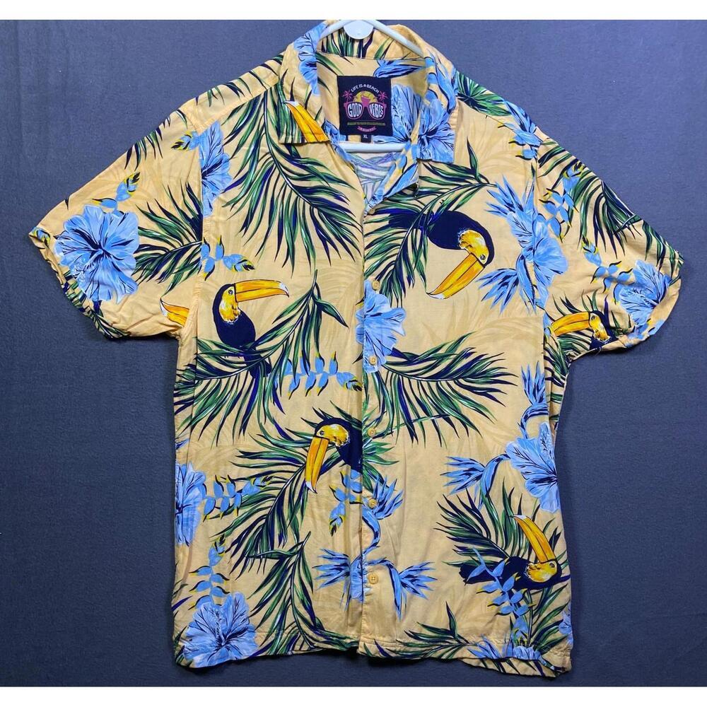 Men’s XL Good Vibes Shirt Tropical Palm Toucan Hawaiian Camp Lightweight Rayon
